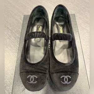 CHANEL Black Velvet Mary Jane Flats